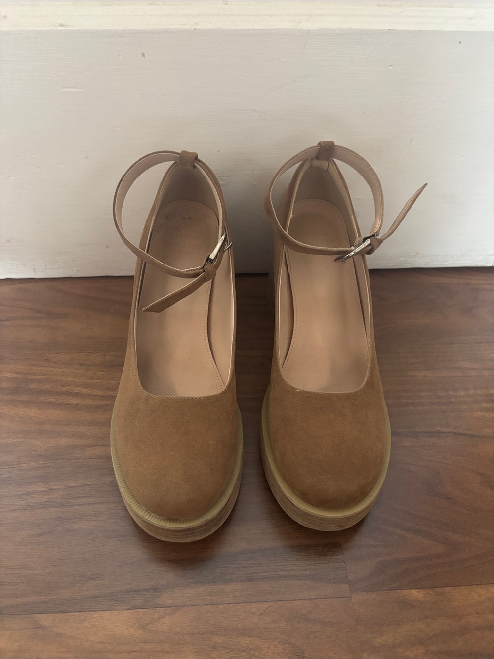 Women's Suede Ankle-Strap Platform Pumps in Tan